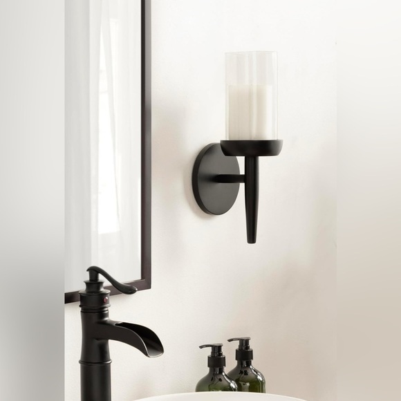 Kate and Laurel Shae Wooden Wall Sconce, 5 × 5 x 13, Black Candle Holder, New - Picture 3 of 10